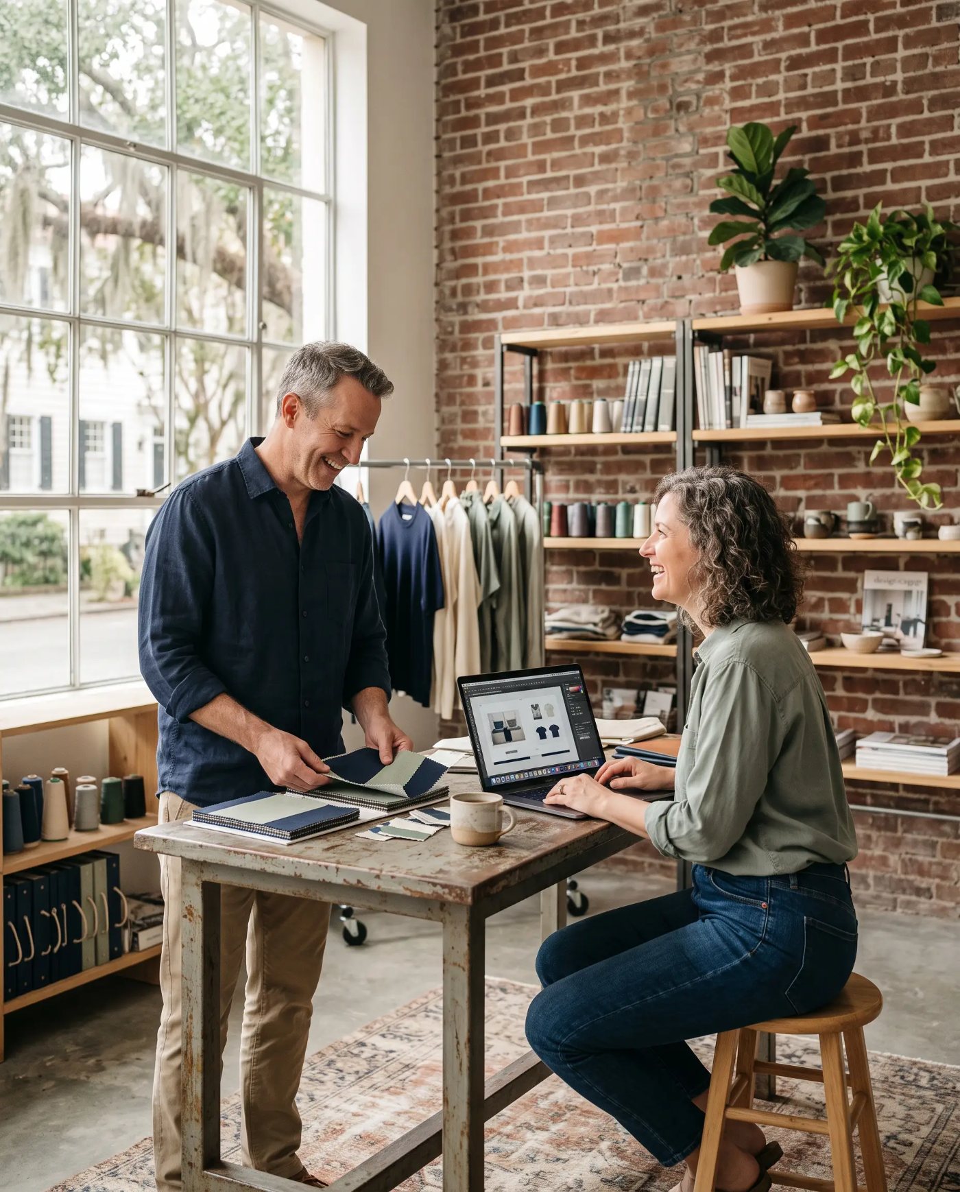 Two business owners reviewing fabric samples and designs in their studio