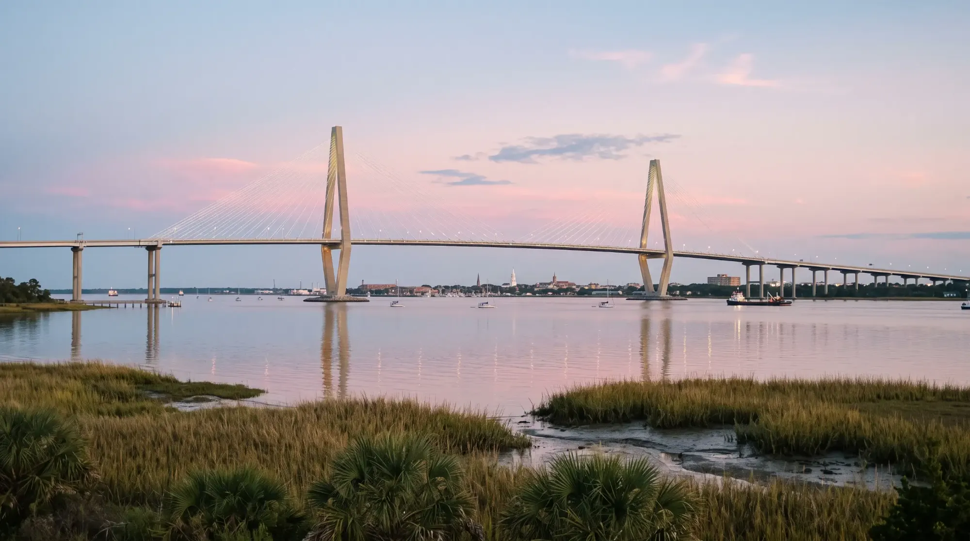 The Arthur Ravenel Jr. Bridge over Charleston harbor at dusk