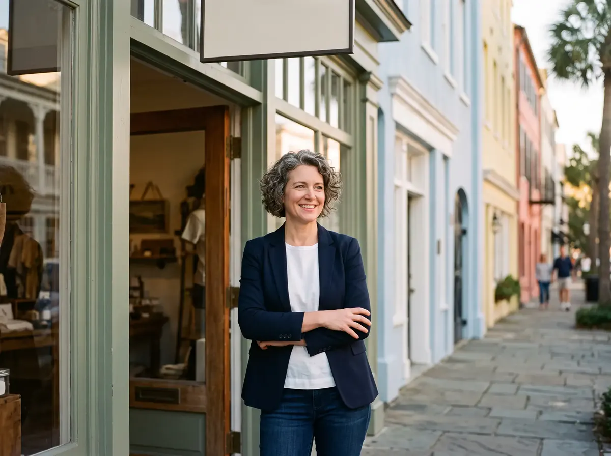 A business owner smiling outside her storefront in downtown Charleston