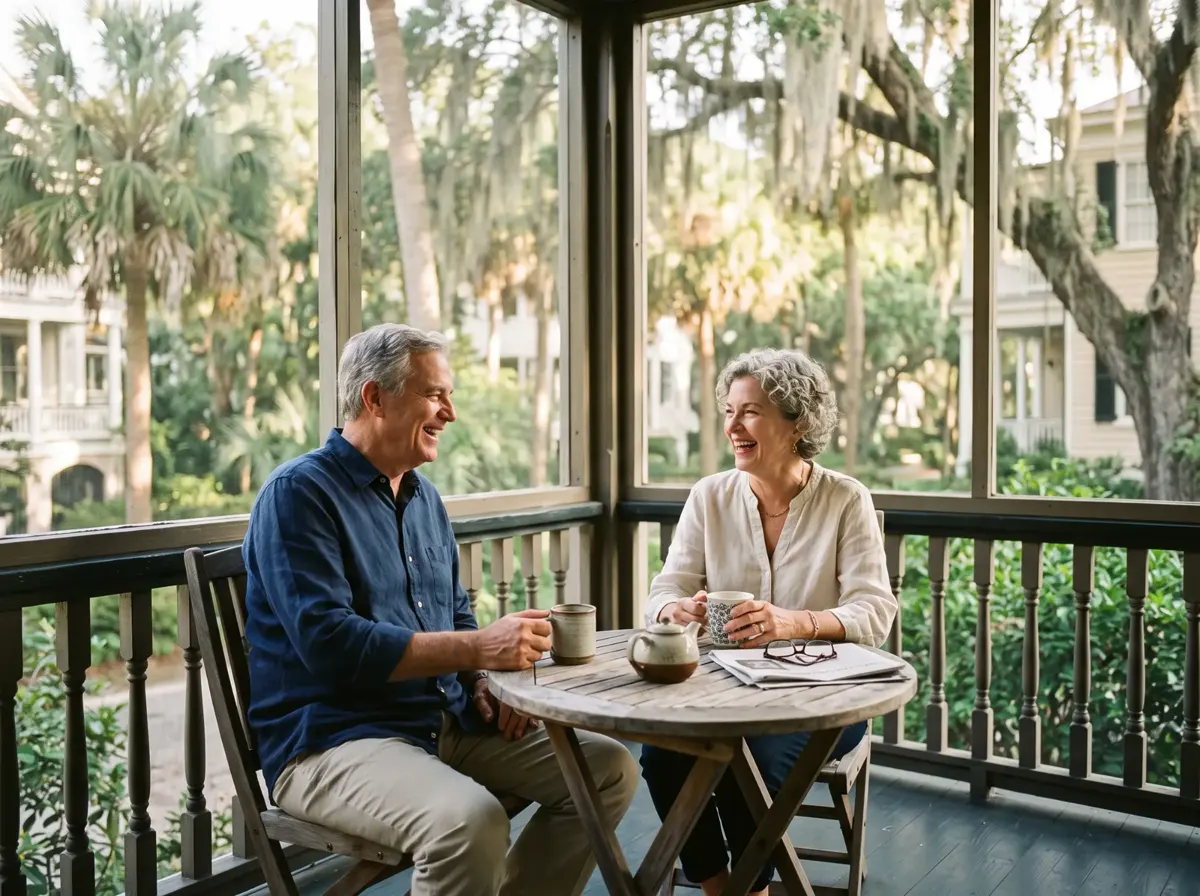 A couple enjoying coffee together on a screened porch in Charleston